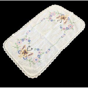 Vintage Hand Embroidered Table Linen Dresser Scarf Runner Butterfly 18”